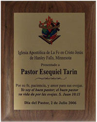 Walnut plaque with gold engraving plate.