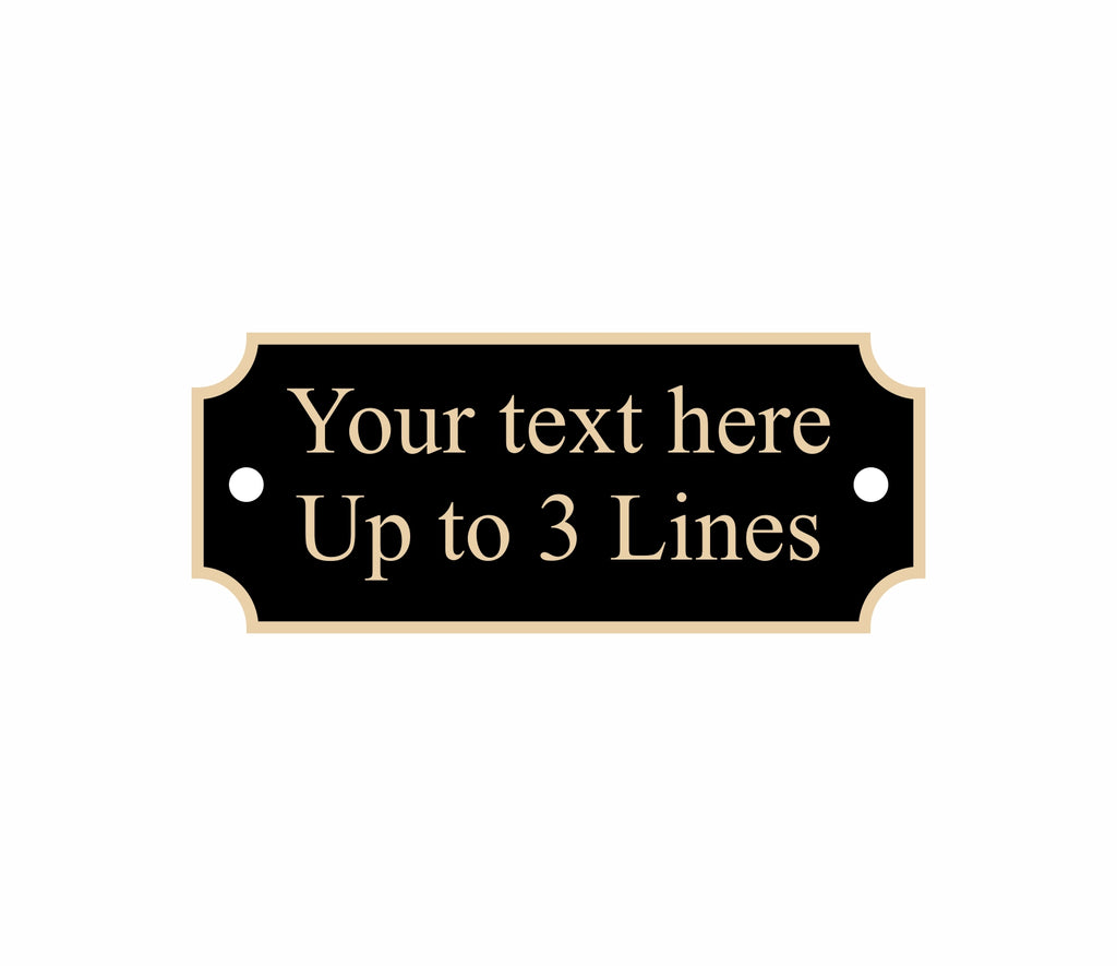 Black nameplate with gold border, notched corners, 2 screw holes, 2.5" x 1"