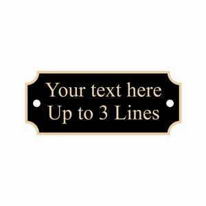 Black nameplate with gold border, notched corners, 2 screw holes, 2.5" x 1"