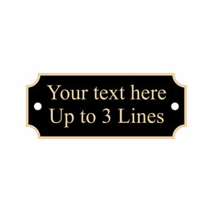 Black nameplate with gold border, notched corners, 2 screw holes, 2.5" x 1"