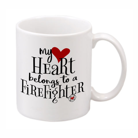 White ceramic mug imprinted with "My heart belongs to a {custom word}"