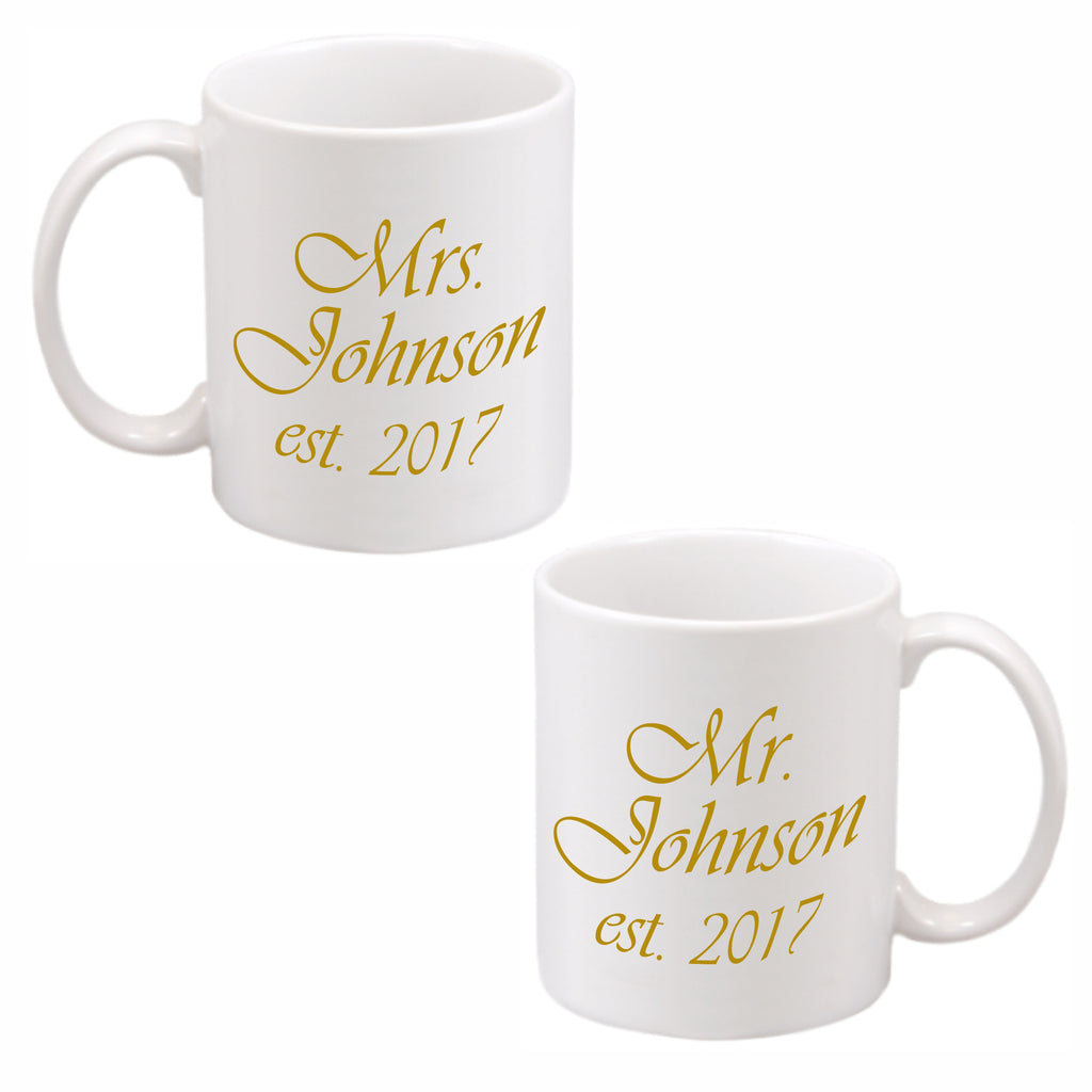 White ceramic mugs imprinted with Mr. Name, Mrs. Name and date
