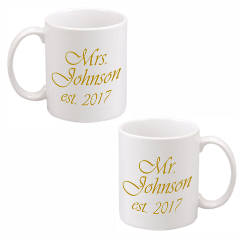 White ceramic mugs imprinted with Mr. Name, Mrs. Name and date