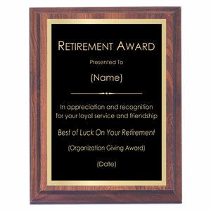 Retirement Premier Award Plaque