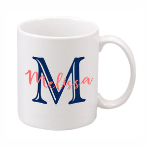 White ceramic mug imprinted with your initial and name